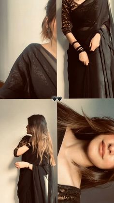 four different pictures of a woman with long hair wearing a black dress and holding her hand on her shoulder