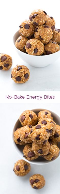 no - bake energy bites in a bowl with chocolate chips