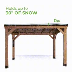 a wooden table with an ice rink underneath it and the words holds up to 30 off snow