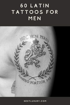 a man's arm with the words 50 latin tattoos for men