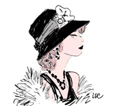 a drawing of a woman wearing a hat with flowers on it's brim