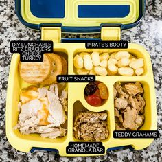 a yellow lunch box filled with different types of food and words describing what to put in it