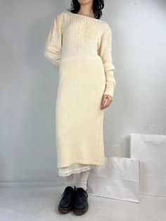 "- Vintage 90s Raoul cream knit sweater dress - Sequin and beaded details - Silk Angora acrylic nylon blend - Made in Hong Kong  - Tagged S Bust: 17\" Length: 49\" Sleeve: 26.5\"" Denim Apron, Cream Knit Sweater, Dress Sequin, Apron Dress, Long Sleeve Sweater Dress, Embroidered Denim, Knit Sweater Dress, Mini Shift Dress, Dress Clothes For Women