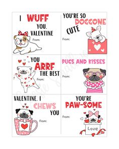 Free printable pug and bulldog puppy Valentine cards for kids school class exchange. Valentines Card Sayings, Printable Valentine Cards For Kids, Free Printable Valentine Cards, Preschool Valentine Cards, Valentine Cards To Make, Friend Valentine Card, Cute Valentines Day Cards, Valentine Cards For Kids