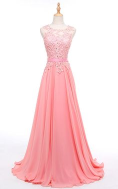 Pink A-line Chiffon Dress For Wedding, Pink Chiffon Bridesmaid Dress For Banquet, Pink Chiffon Dress For Prom Banquet, Pink Chiffon Dress For Wedding, Pink Chiffon Dress For Banquet, Pink Chiffon Evening Dress With Sweep Train, Pink Floor-length Chiffon Wedding Dress, Chiffon Evening Dress With Lace Bodice For Prom, Chiffon Evening Dress With Illusion Neckline For Banquets