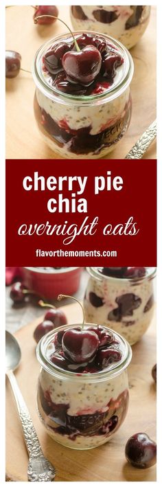 cherry pie overnight oatmeal in a jar with cherries on the side