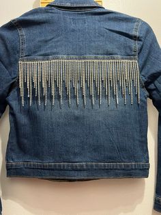 Kids Rhinestone Fringe Jean Jacket. Full back ($50). Full back to elbows ($60). Full back and Full arms ($75). Fitted Outerwear With Rhinestones For Fall, Fitted Fall Outerwear With Rhinestones, Fitted Long Sleeve Outerwear With Rhinestone Fringe, Fringe Jean Jacket, Fringe Jeans, Rhinestone Fringe, Old Jeans, Girls Jacket, Jean Jackets