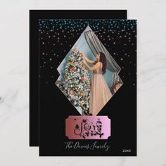 a christmas card with an image of a woman in a dress