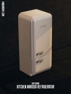 a white refrigerator freezer sitting on top of a black tiled floor next to a wall