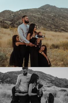 two photos with the same family posing for pictures and one is holding their baby in his arms