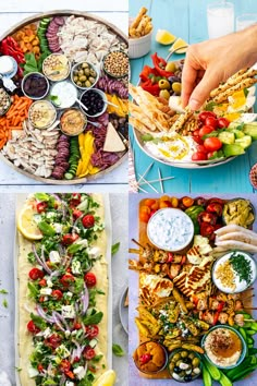 four different platters filled with food and dipping sauces