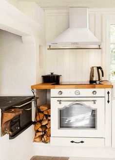 a stove top oven sitting inside of a kitchen next to a wall mounted range hood