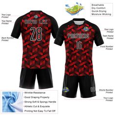 Our customizable design allows you to create a unique jersey that reflects your team's style and spirit. The abstract multicolored pattern adds an edgy touch to your jersey, making your team stand out! Features: 1. Material: Made from 100% polyester wicking knit with 95% polyester / 5% spandex wicking pinhole mesh 2. Jerseys with sublimation printed name and numbers 3. Moisture-wicking fabric has spongy handle, good draping property and elasticity as well as good dimensional stability and wrinkle-resistance 4. Breathable & Quick-Drying 5. Athletic Cut & Exquisite stitching not easy to fall off 6. Slim fit follows your body's shape closely to let you move freely 7. Ventilated mesh panel insertsy 8. Set includes jersey, shorts with drawstring elastic waistband 9. Tagless Collar offers clean Red Sublimation Design For Sports Events, Custom Print Red Sublimation Design For Team Events, Red Team Spirit Shirt With Custom Print, Red Sporty Sublimation Design Shirt With Graphic Print, Red Sporty Sublimation T-shirt With Graphic Print, Red Sublimation Design With Graphic Print For Sports, Red Sublimation T-shirt With Graphic Print For Team Events, Black Printed T-shirt For Sports Events, Red Team Spirit Sublimation T-shirt With Graphic Print