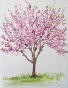 a watercolor painting of a tree with pink flowers