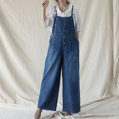 Women Blue Casual Denim Overalls Elegant Cotton Jumpsuits Wide | Etsy Vintage Denim Jumpsuit For Work, Dark Wash Overalls For Summer Workwear, Summer Workwear Dark Wash Overalls, Blue Cotton Denim Jumpsuit With Bib Front, Non-stretch Cotton Workwear Overalls, Non-stretch Cotton Overalls For Workwear, Loose Overalls, Summer Pregnancy, Cotton Jumpsuit