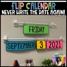 two calendars hanging on the wall next to each other with words that read flip calendar never write the date again