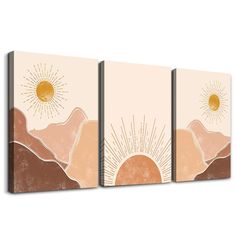 three canvases with mountains and sun on them