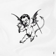 an ink drawing of a cupid holding a bow and arrow