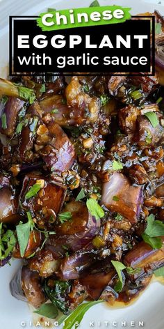 chinese eggplant with garlic sauce on a white plate