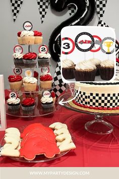 a race car themed birthday party with cupcakes