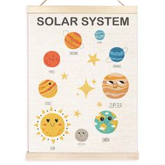 a poster hanging on the wall with different planets and stars in front of it that says solar system