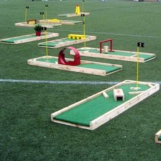 several wooden boards and obstacles on a field