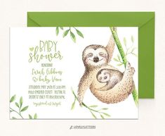 a baby shower card with a slotty hanging from a tree