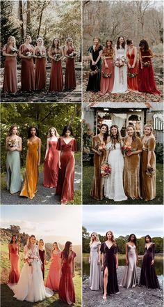 the bridesmaids are all dressed in different colors and styles for their wedding day