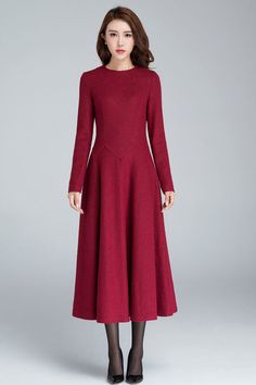 Red Midi winter Wool dress women 1618 – XiaoLizi Winter Dress Red, Long Sleeve A Line Dress, Winter Wool Dress, Cloak Dress, Midi Dress Winter, Dress Mid Length, Summer Coats, Red Midi, Body Measurement