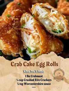 crab cake egg rolls on a black plate with parchment paper in the foreground and an advert for crab cake egg rolls