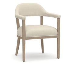 an upholstered arm chair with beige fabric and wood frame, viewed from the front