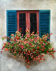 a painting of flowers in front of a window with blue shutters and red trim