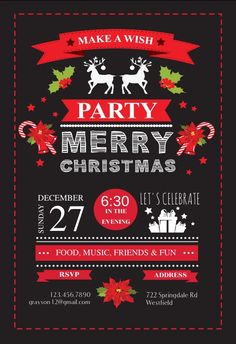 a christmas party flyer with reindeers and presents on the blackboard, eps format