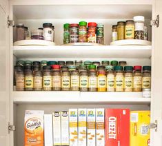 the pantry shelves are filled with many different types of spices and condiments to choose from