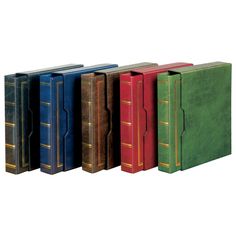 five different colored books lined up in a row