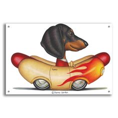 a painting of a dachshund riding on a hot dog car with flames