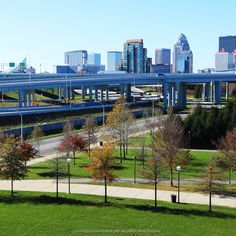 the city skyline is seen in this view from across the park, with trees and grass on both sides