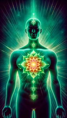 the human body with chakras in front of it, surrounded by green and yellow lights