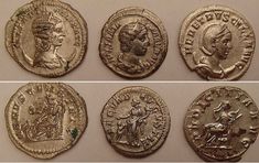 four different types of roman coins, one in gold and the other in silver with images of people on them