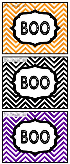 three colorful chevroned labels with the word boo on them in black, orange and purple