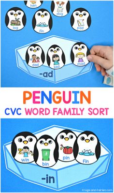 penguin cvc word family sort is shown with penguins in the background and on top of it