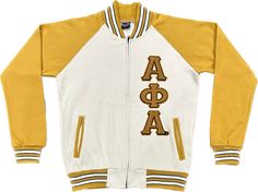 a white and yellow jacket with letters on the front, along with an aa logo