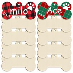 two wooden name tags with plaid and paw prints