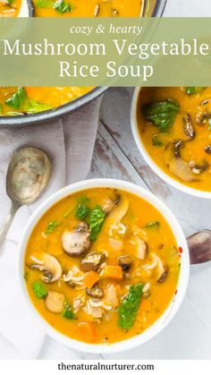 two bowls of mushroom vegetable rice soup with spoons on the side and text overlay