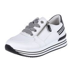 Remonte D1312 for Women, White Remonte D1312 for Women, White Comfy Queen: Step out in style with these elegant white Remonte sneakers made from smooth leather. The clever combination of laces and zipper provides stability and easy on/off wear. Featuring a flexible and lightweight platform sole, along with an extra soft removable insole, these sneakers offer both style and comfort. The microvelour inner lining ensures a luxurious feel with every step. Designed in a comfort width and available in larger sizes, these sneakers are perfect for endless strolls!   Color: White  Heel Height: 4 cm  Heel Shape: Flat  Toe Shape: Round  Shoe Width: Normal (G)  Removable Insole: Yes  Sole Color: Black  Closure: Lace-up  Water Protection: No  Reflective: No  Shaft Height: 0 cm - 15 cm   Material & Care Shoe Brushes, Soft Shoes, White Leather Sneakers, White Heels, On Off, Leather Sneakers, Air Jordan Sneaker, Smooth Leather, White Leather