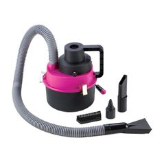 a pink and black vacuum is shown with its hose connected to the top of it