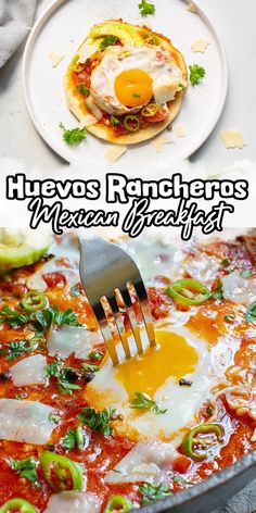 an egg is being cooked in a skillet with the words huevo's rancheros mexican breakfast