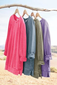 The soft-washed color you love, in an updated longer-length style that pairs beautifully with leggings or slim jeans. | Women's Colorwash Tunic Sweatshirt - Garnet - PM - Petite Size Clothes For Women Over 60, Tunic Tops For Leggings, Color Trends Fashion, Cottagecore Fashion, Knit Denim, Tunic Sweatshirt, Tunic Shirt, Knit Pants, Slim Jeans