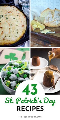 Image with for different St. Patrick's Day recipes showing shepherd's pie, Irish soda bread, St. Patrick's day puppy chow and sticky toffee pudding. Irish Desserts Traditional, St Patricks Day Activities, Irish Apple Cake, Traditional Irish Soda Bread, Guinness Beef Stew, Irish Desserts