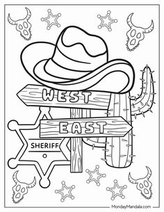 a coloring page with the word west and a cowboy hat on top of a wooden sign